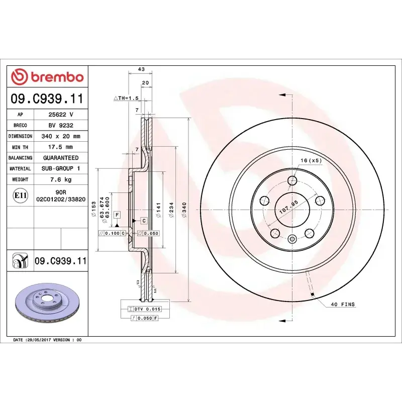 Económico BREMBO 09.C939.11 Disco de freno (Unidad)